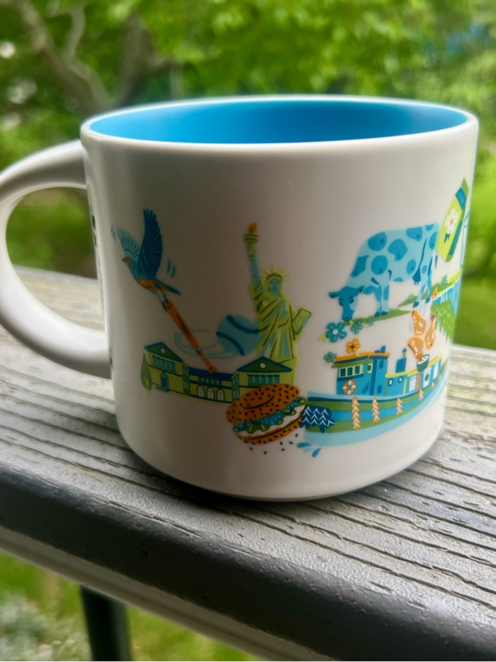 Starbucks White Mug with Turquoise Interior and Multicolor New York Design - Picture 4 of 4